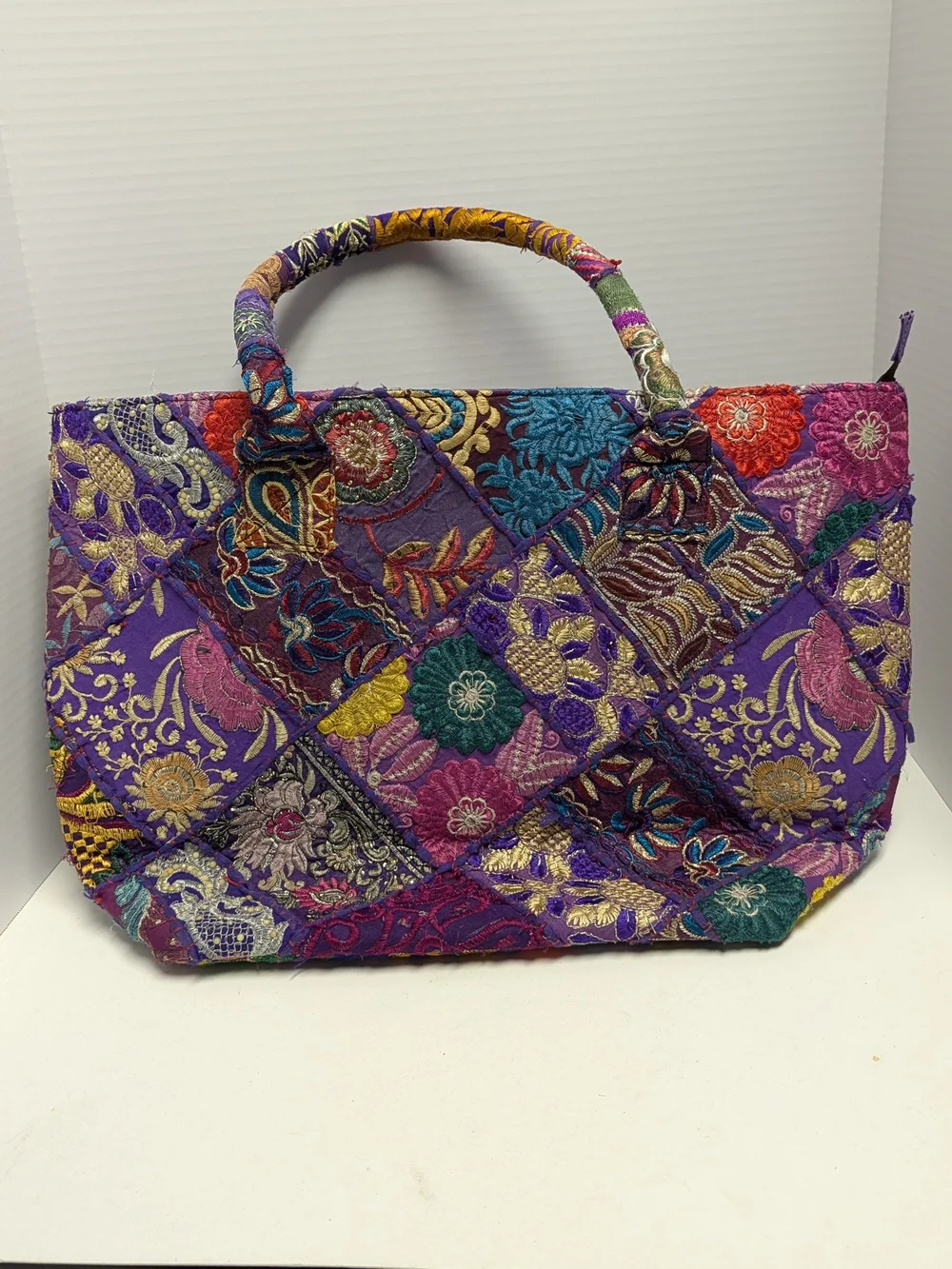 Embroidered Purple Patchwork Tote Bag